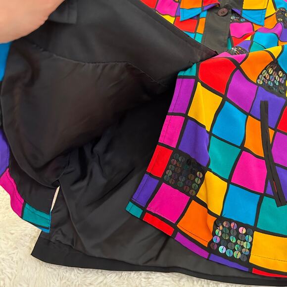 Diane Gilman 100% Silk Bomber Jacket 80s 90s Geometric Sequin Zip Sz S Colorful - Picture 7 of 7